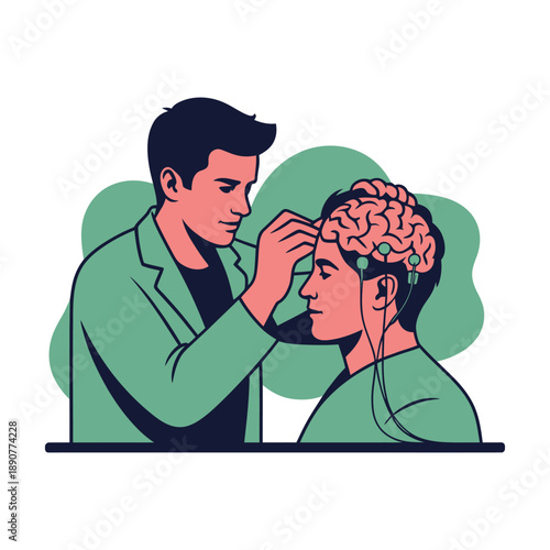 A doctor examining a patient's brain with a thoughtful expression in a medical setting.