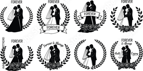 Wedding couple silhouette badges with forever ribbons laurel wreaths roses isolated on white background vector illustration set for marriage branding