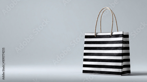 A stylish shopping bag, with black and white stripes, stands out. A shopping bag with handles is presented on a minimalist grey background. 