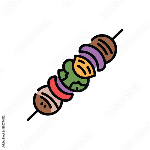A colorful cartoon illustration of a skewer with various food items on a white background