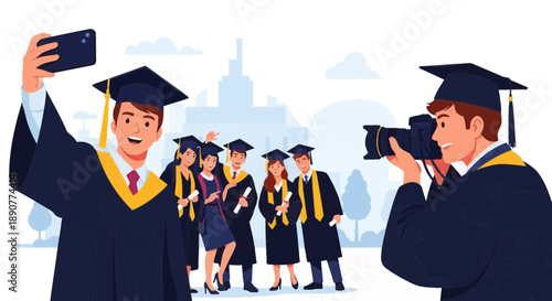 Graduates in caps and gowns taking photos with a camera and phone.