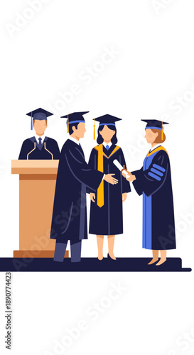 Students in graduation gowns receive diplomas from an instructor.