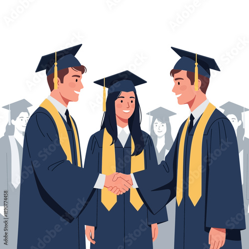 Graduates in caps and gowns shake hands with others behind them.