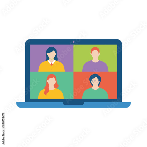 A laptop screen displays a video call with four people in colorful blocks on a white background.