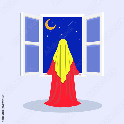 Muslim girl wearing hijab observing the crescent moon through window