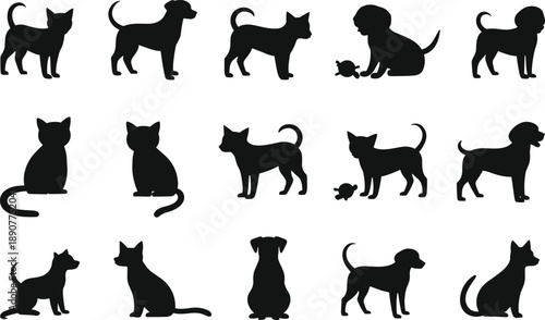 Cat and dog silhouette collection showing various pet poses, sitting, standing, and playful animal shapes