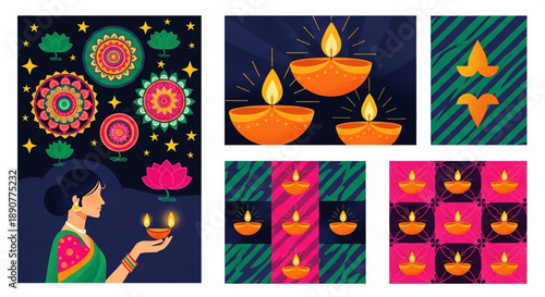 Festive Diwali Diya Illustrations A Collection of Indian Cultural Designs Celebrating Light and Tradition