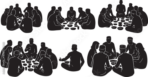 Groups of people sitting together in social gatherings outdoors