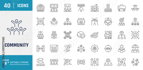 Community icon set. Includes people, friendship, social, diversity, village, relationships, support and more. Vector illustration with editable strokes