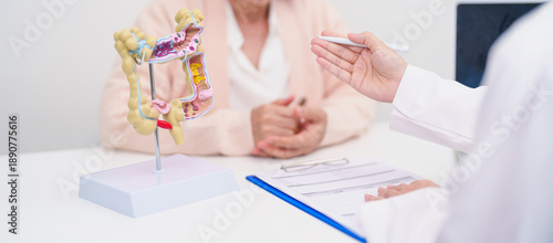 Quadro em tela Elderly woman Patient consultation with doctor for Colon disease, Large Intestin