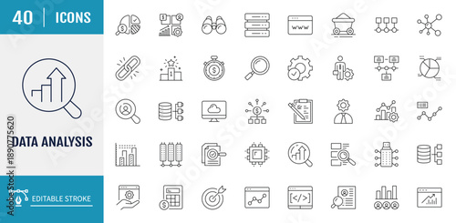 Data Analytics icons set. Includes database, statistics, server, network, big data, data processing, data mining, and more. Vector illustration with editable strokes