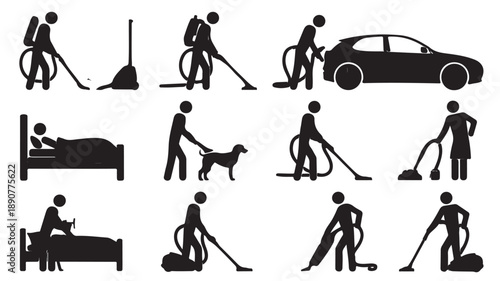 Vacuum Cleaning Icons Minimalist Graphic Black and White Vector Illustration for Household Chores and Service Advertisements.