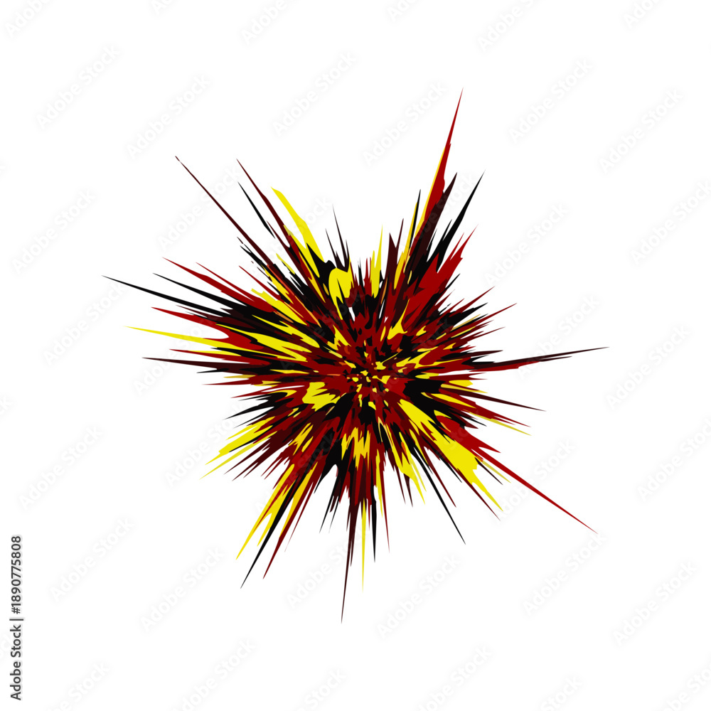 Obraz premium Vibrant abstract graphic illustration of a dynamic explosion in red, yellow, and black hues on a white background.