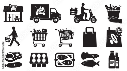 Grocery Shopping and Food Delivery Icons in Modern Minimalist Style with Black and White Silhouette Vector Graphic Elements for E-commerce and Retail Services.