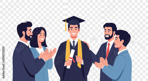 Graduate in cap and gown with people clapping and holding diploma.