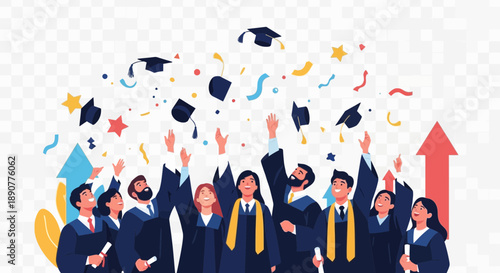 Diverse graduates in caps and gowns celebrate with confetti and streamers.