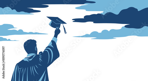 Person in graduation gown holding cap up against cloudy sky.