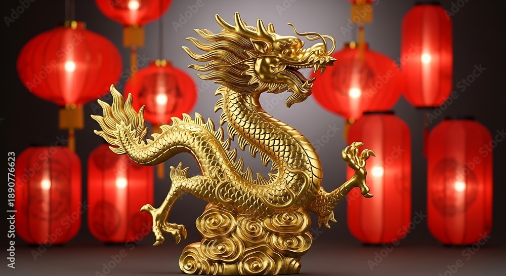 custom made wallpaper toronto digitalGolden Dragon Statue Amidst Red Lanterns Celebrating Lunar New Year and Chinese New Year Celebration