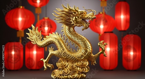 Wallpaper Mural Golden Dragon Statue Amidst Red Lanterns Celebrating Lunar New Year and Chinese New Year Celebration Torontodigital.ca