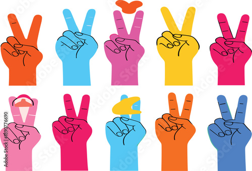 Colorful hand gesture peace sign illustration set with raised fingers in modern flat graphic style