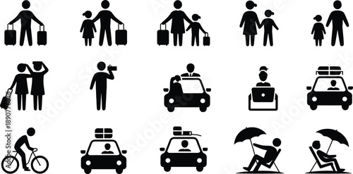 Family travel vacation icons showing parents children luggage car cycling beach relaxation isolated on white background vector illustration set