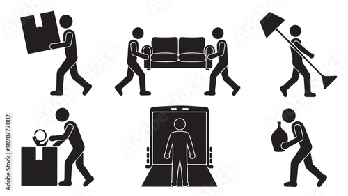 Relocation activities pictograms in minimalist silhouette style with monochrome contrast as graphic design elements for moving company websites.