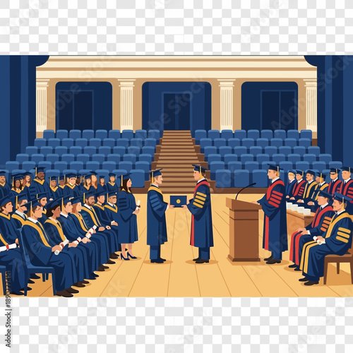 Graduation ceremony with students receiving diplomas in an auditorium.