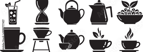 A collection of black silhouette icons representing various coffee, tea, and beverage items Vector