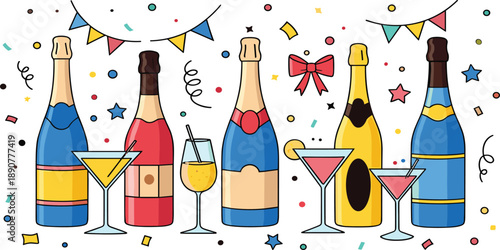 Colorful party drinks illustration with champagne bottles cocktails glasses confetti and festive celebration decorations