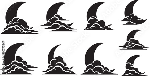 Crescent Moon Silhouettes Over Wavy Clouds at Night Sky