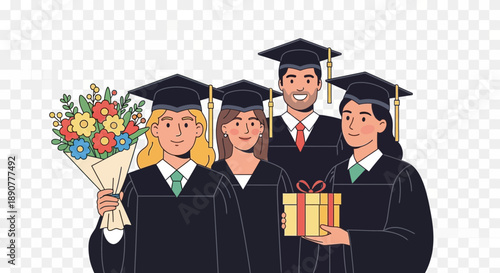 Graduates in caps and gowns celebrate with gifts and flowers.