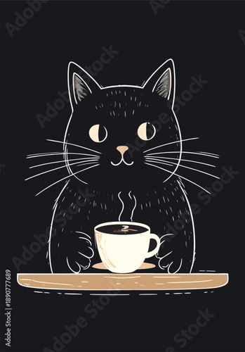Cute black cat drinking coffee minimalist illustration
