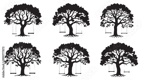 Collection of tree silhouettes with swings, playful and nostalgic, in monochromatic black and white detailed vector illustration for nature-inspired logos and childrens themes.