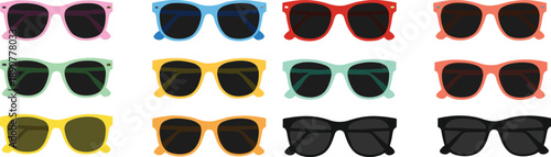 Colorful sunglasses icon set with  eyewear black frames and tinted lenses isolated on white background