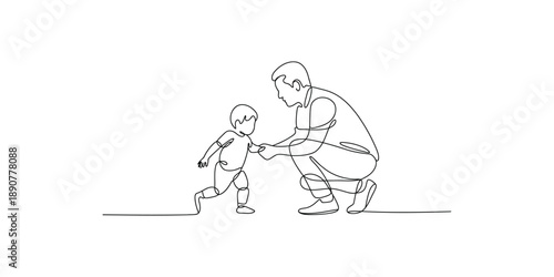 A heartwarming continuous line drawing of a father helping his young child learn to take their first steps