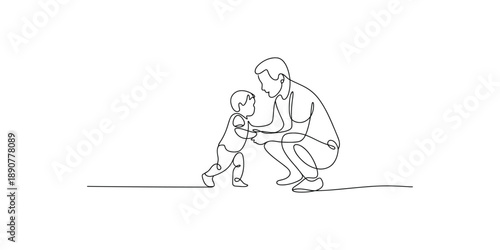 Photos A father helps his child take their first steps in a continuous line drawing sty