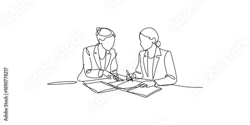 Two business women in continuous line art style discussing documents and signing agreement