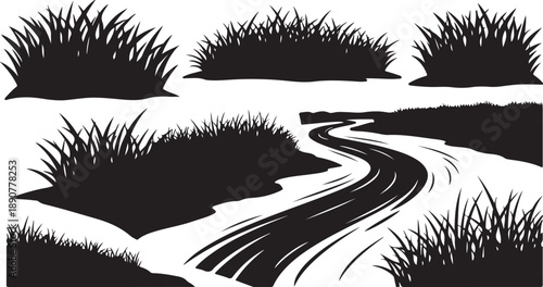 Black and white illustration of winding stream with grass