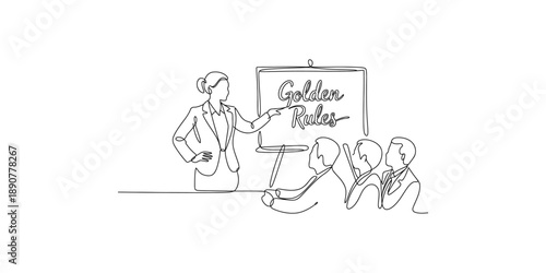 A single continuous line drawing of a businesswoman explaining golden rules during a presentation