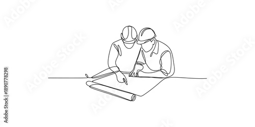 Continuous line art drawing of two architects reviewing building plans together
