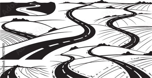 Winding roads through rolling hills and mountains landscape view