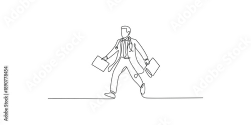 A continuous one line drawing of a busy doctor walking and holding two folders