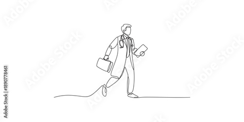 Single continuous line drawing of a male doctor in a hurry running with a briefcase and a clipboard, healthcare concept