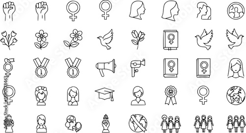 International Women's Day  Feminism Line Icons Set: Empowerment, Gender Equality, Female Rights, and Celebration Symbols