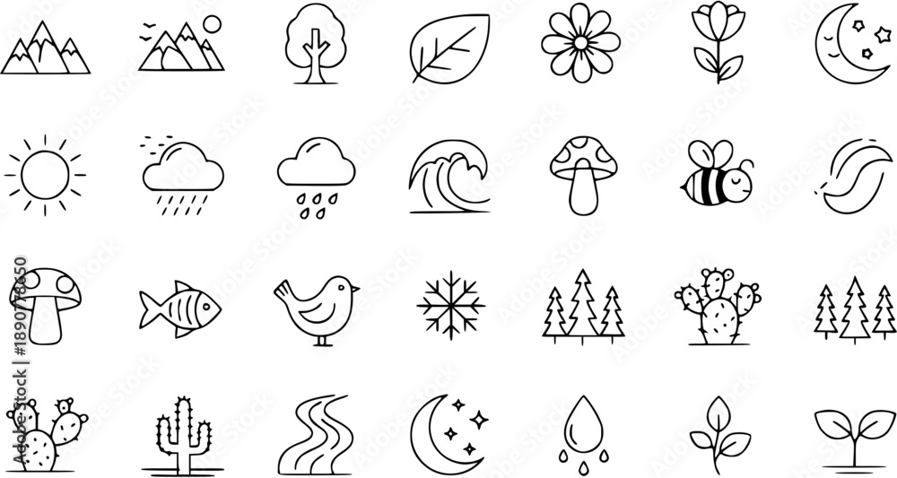 Fototapeta premium Nature Weather Outline Icons Set. Simple Line Art Collection of Natural Elements, Plants, Animals Climate Symbols.