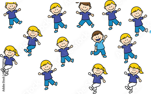 Cute cartoon kids jumping and dancing character set with happy children poses for fun vector illustration