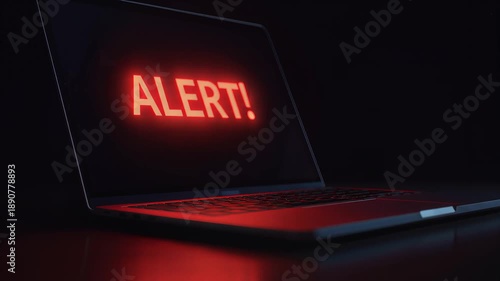 Laptop screen flashing red alert message signaling danger, warning, or cyber security issue.