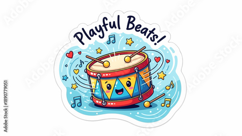 Cute Cartoon Drum with Musical Notes and Stars - Playful Beats