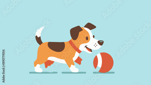 Cute cartoon dog playing with ball, flat design, pastel background, happy pet