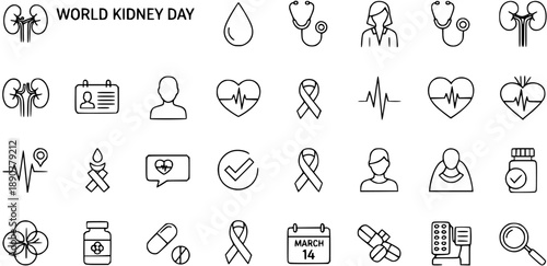 World Kidney Day Icons: Medical Health and Awareness Collection